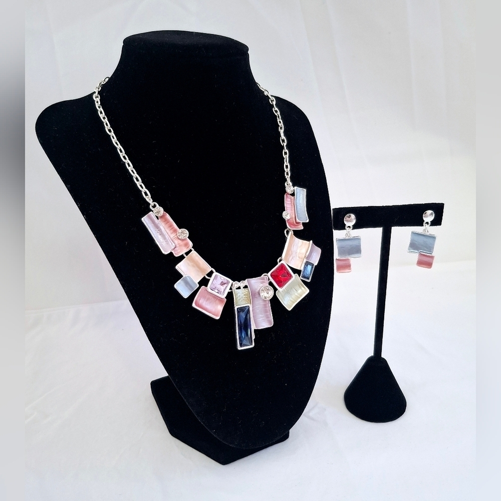 Coronet Pastel Rainbow Glass Metal Rhinestone Necklace & Earring Set